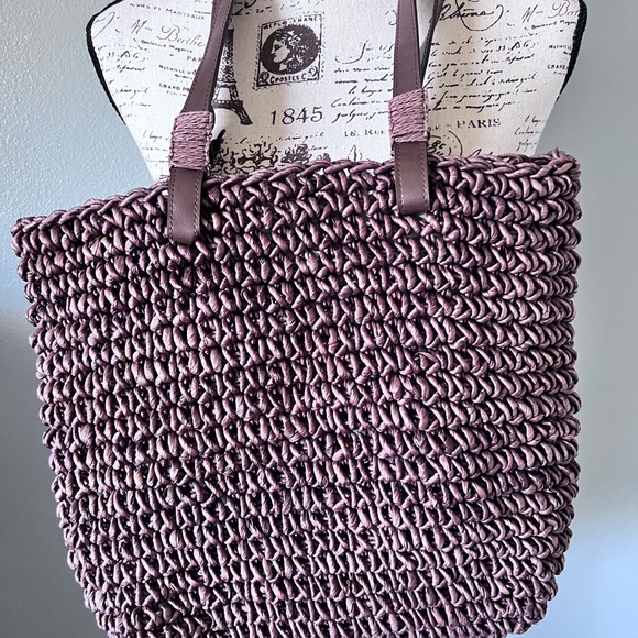 To Go Tote large Weaved Brown Bag Lined Hawaiian Print clean inside & out NWOT - Picture 5 of 9